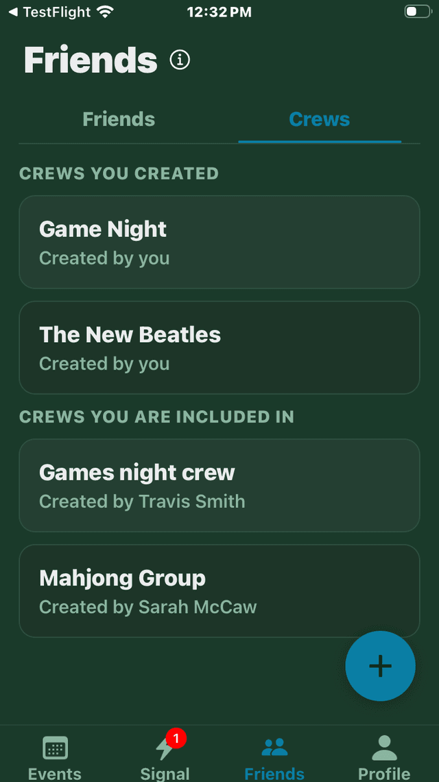 Crews list screen